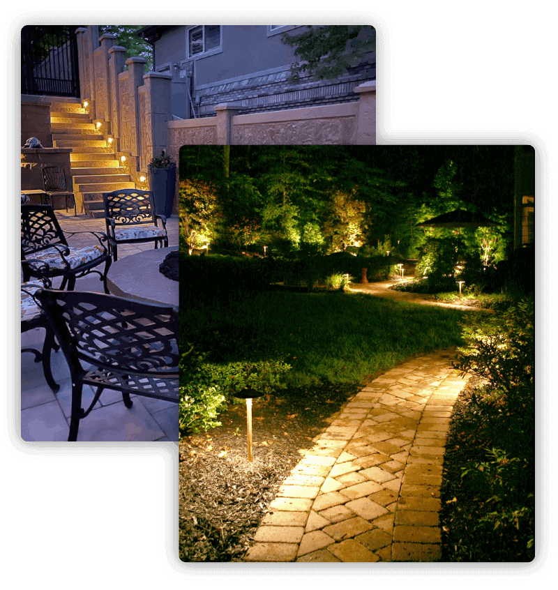 Pathway lit by lights at nighttime.