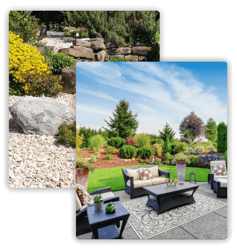 Backyard patio with sofas and a table; large colored trees in the background