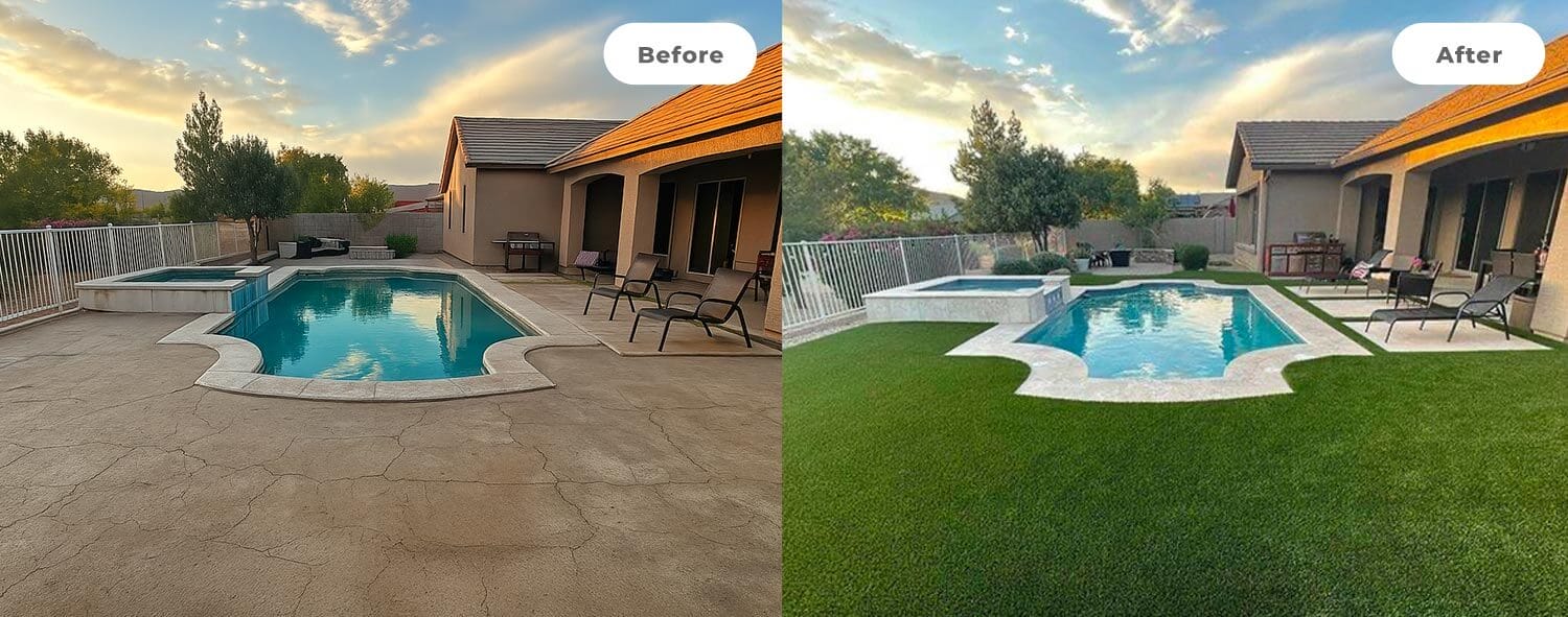 Before: pool with stone walkway; After: pool with grass-covered walkway.