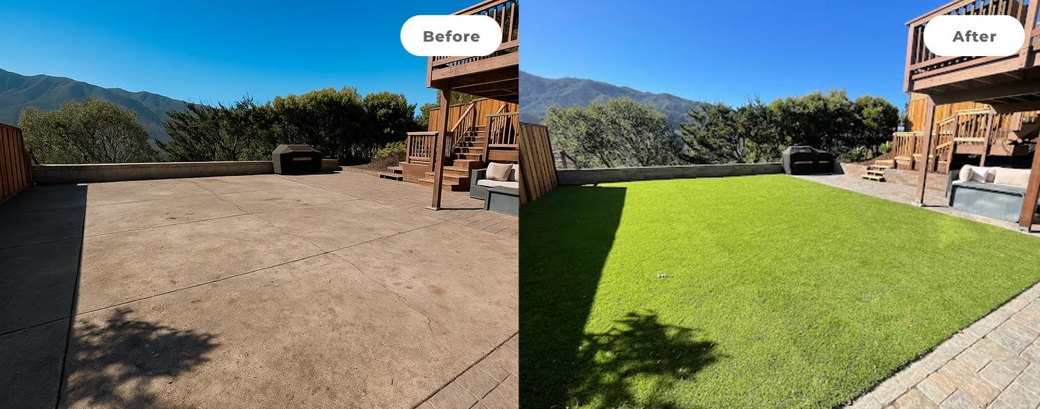 Before: empty dirt yard. After: bright green grass.