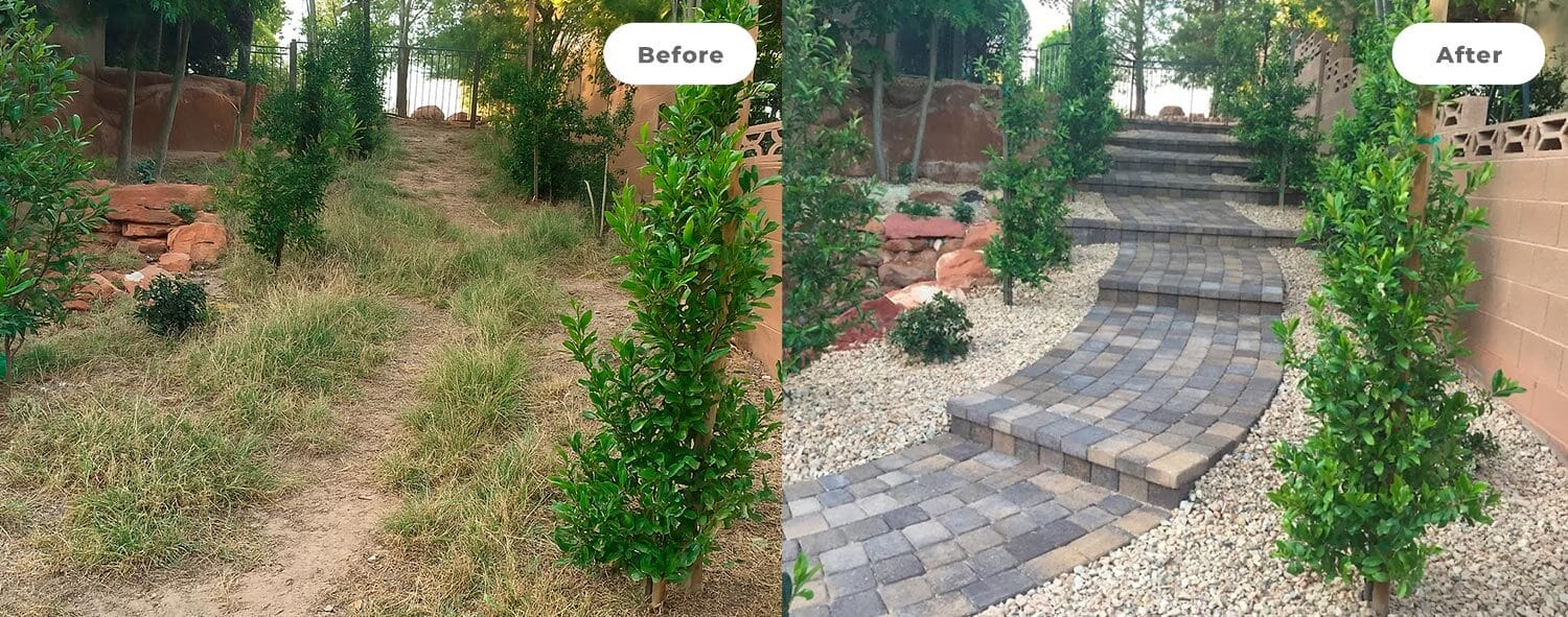 Before: overgrown brown grass. After: stone walkway flanked by standing bushes.