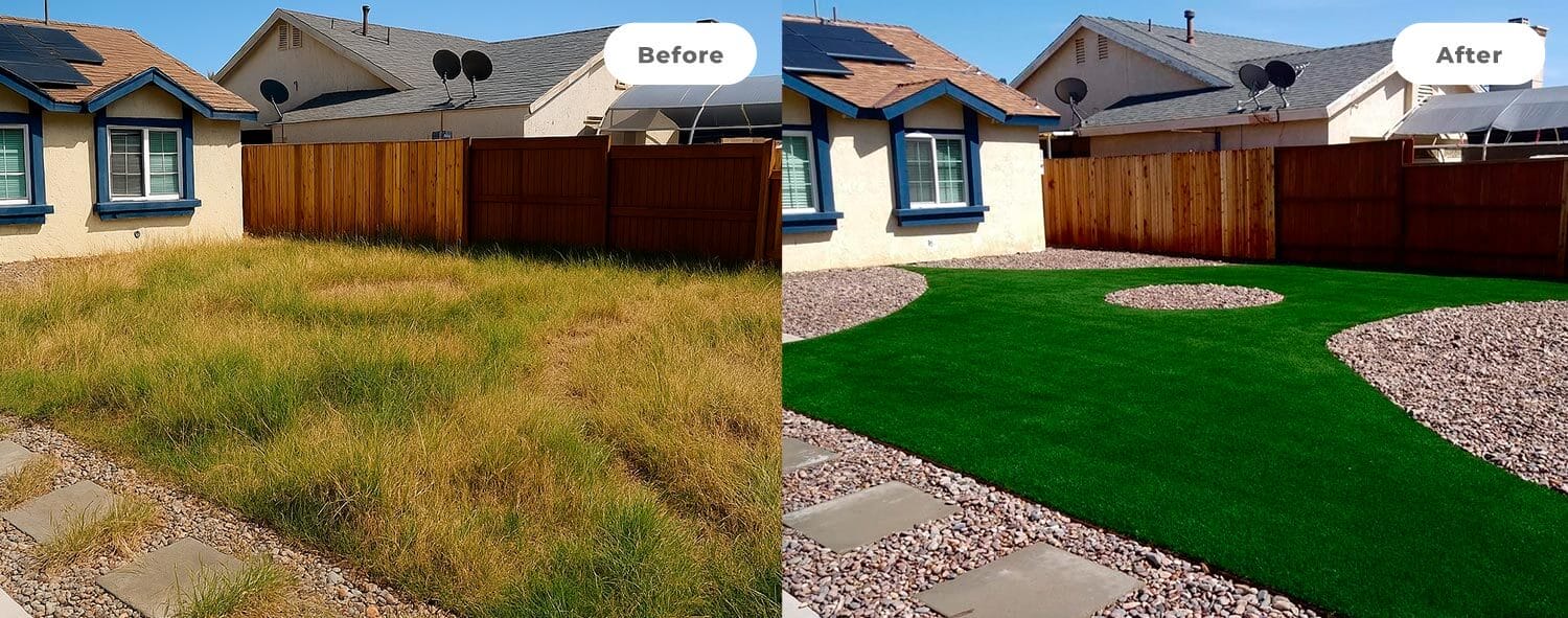 Before: tall brown grass. After: lush green grass with pebble hardscaping