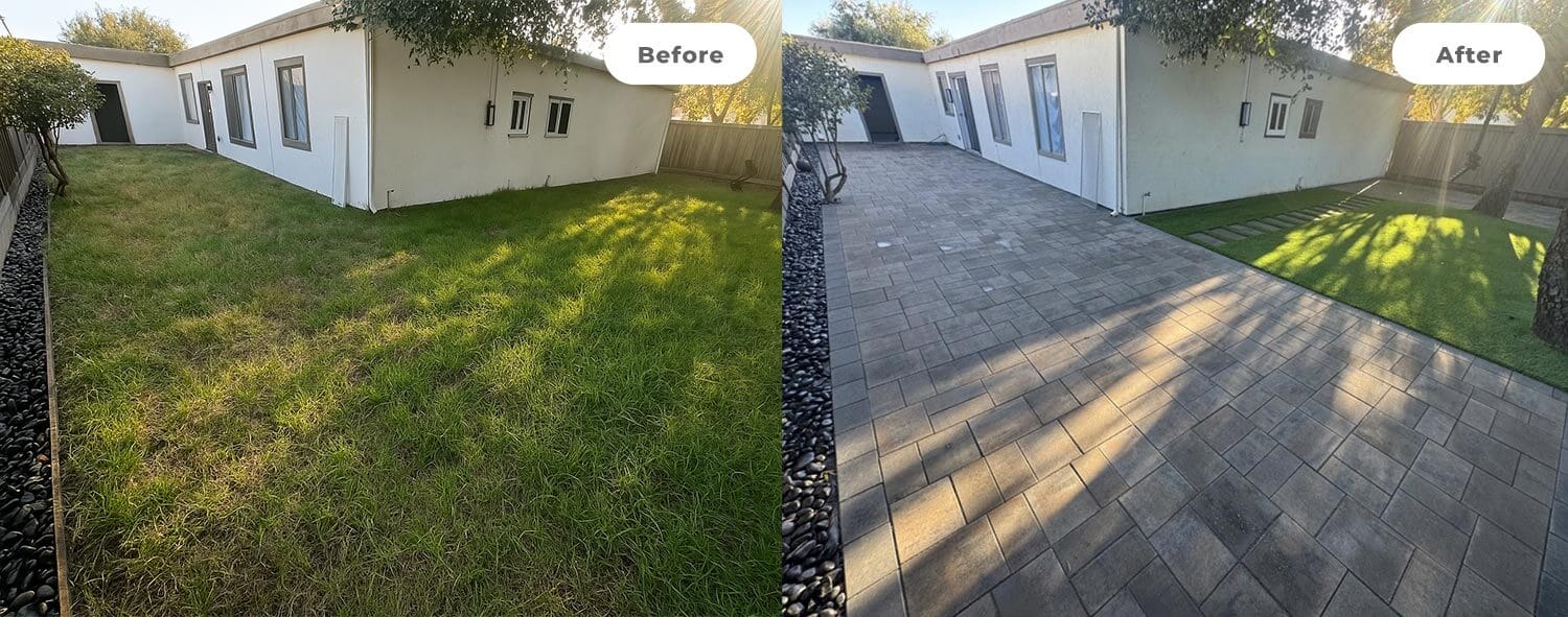 Before: overgrown grass in backyard; After: half of the backyard is now a paved walkway.