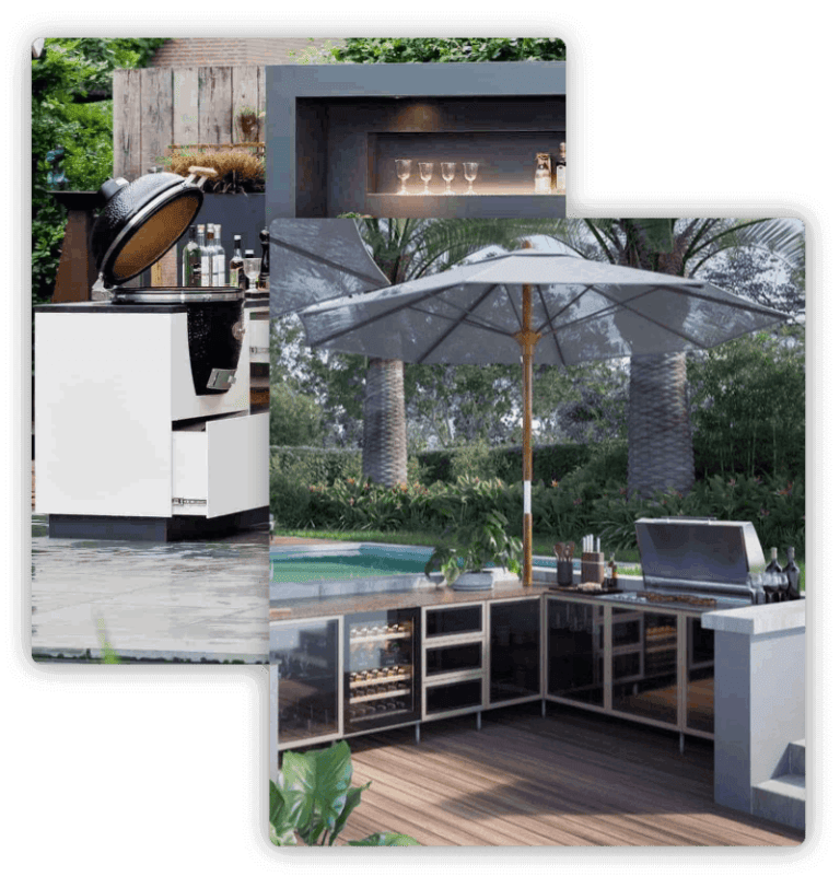 Outdoor grill setup with giant umbrella; in front of pool table