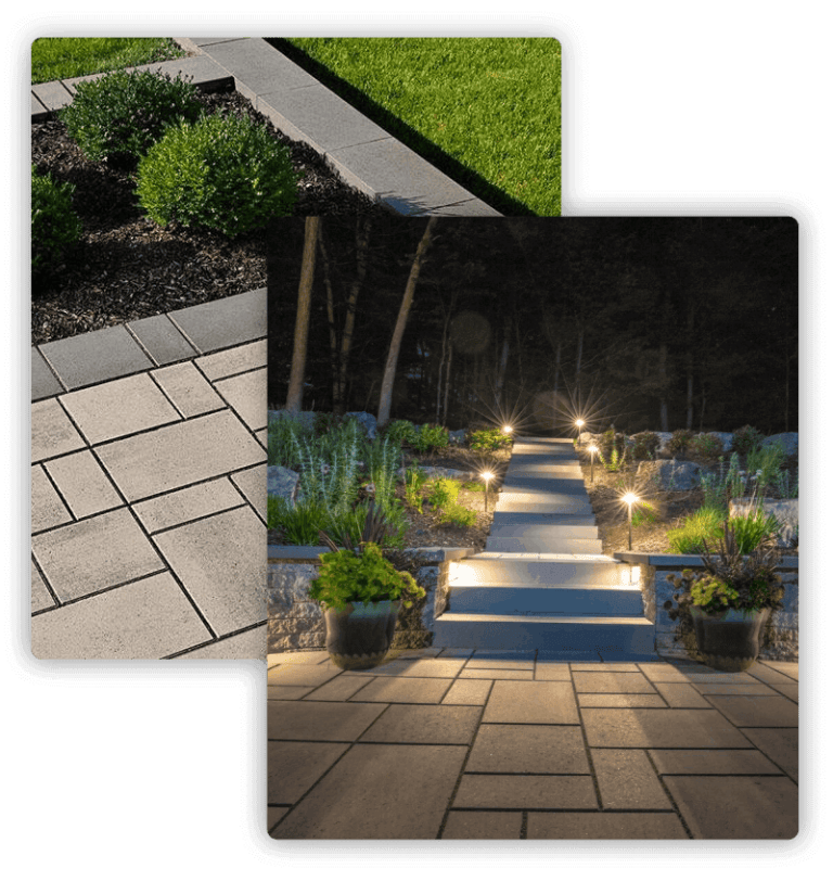 Nighttime image of stone steps with lights leading down to checkered paved ground
