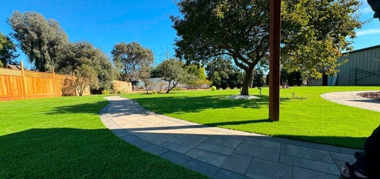 Backyard with winding concrete walkway, green grass, wood fence